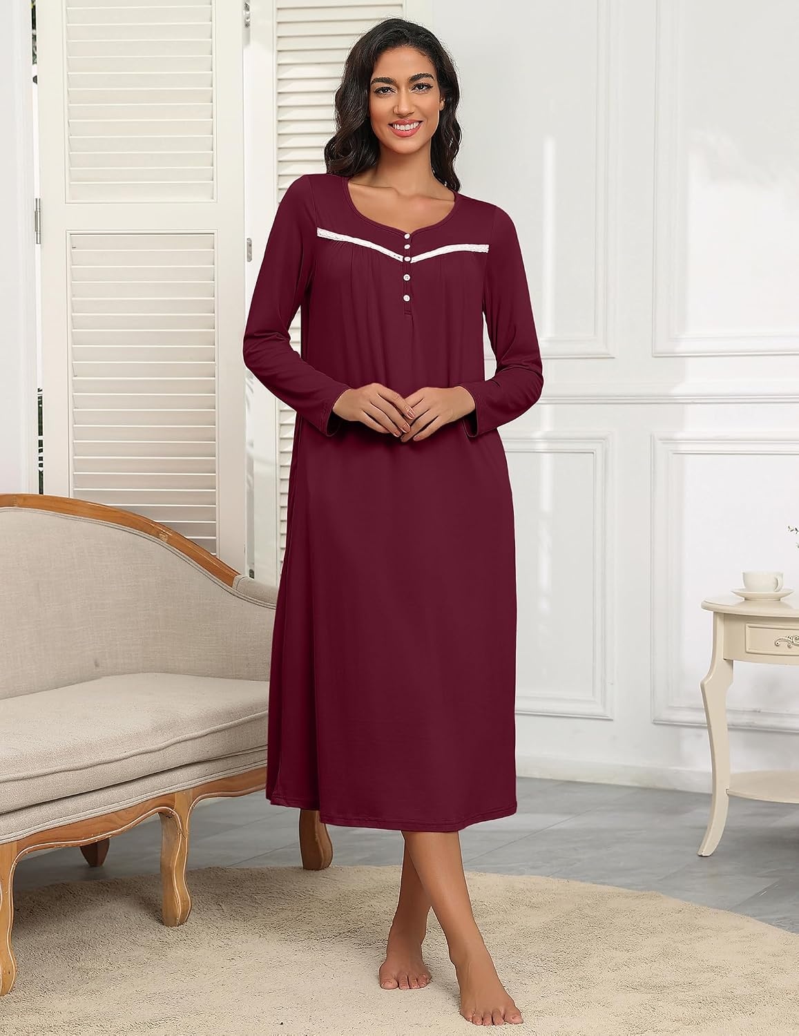 image:imageEkouaer Long Sleeve Nightgowns for Women Henley Sleepshirts with PocketsDark Red