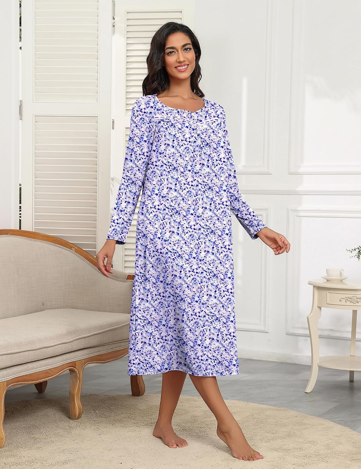 image:imageEkouaer Long Sleeve Nightgowns for Women Henley Sleepshirts with PocketsFloral Purple