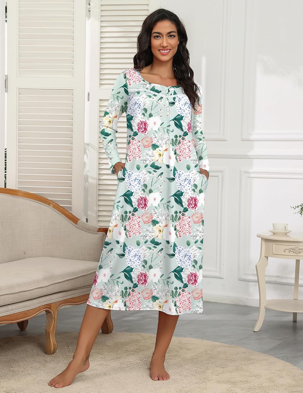 image:imageEkouaer Long Sleeve Nightgowns for Women Henley Sleepshirts with PocketsGreen With Pink Flower