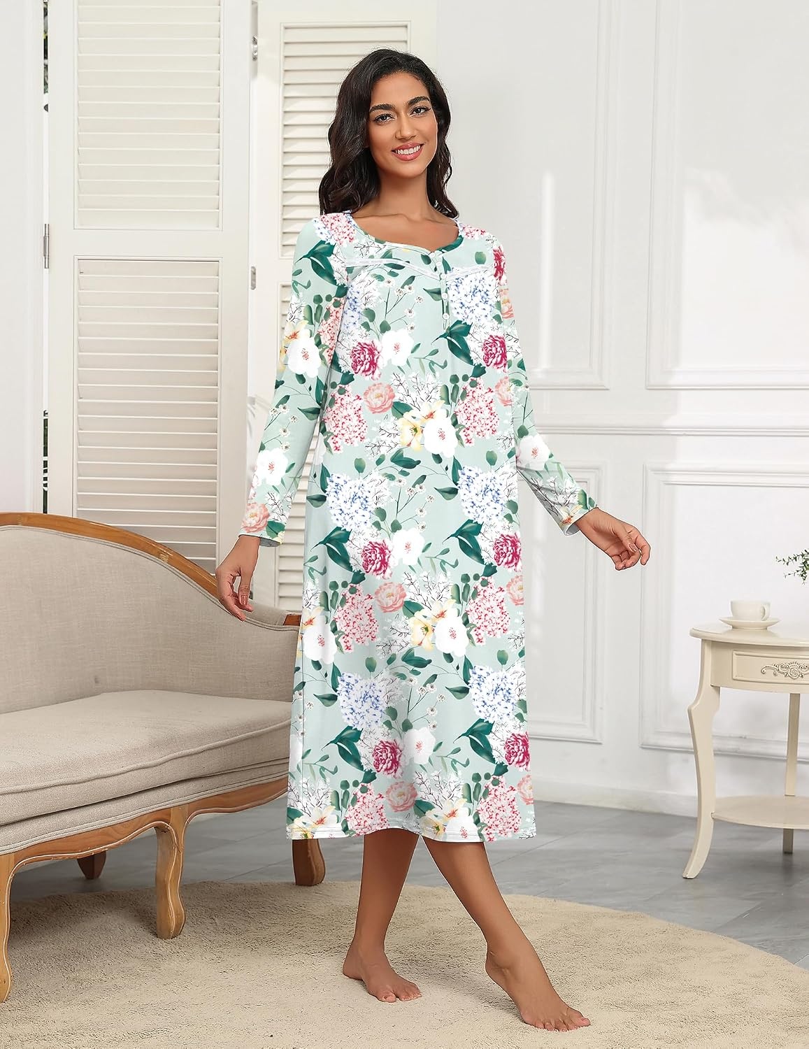 image:imageEkouaer Long Sleeve Nightgowns for Women Henley Sleepshirts with PocketsGreen With Pink Flower
