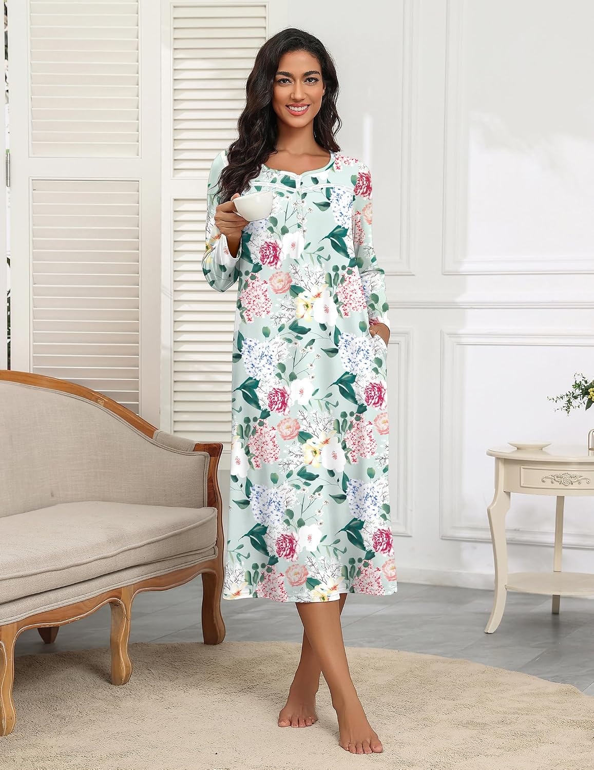 image:imageEkouaer Long Sleeve Nightgowns for Women Henley Sleepshirts with PocketsGreen With Pink Flower