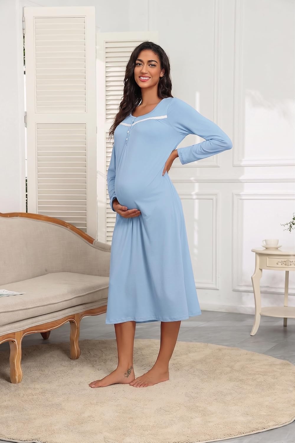 image:imageEkouaer Long Sleeve Nightgowns for Women Henley Sleepshirts with PocketsLight Blue