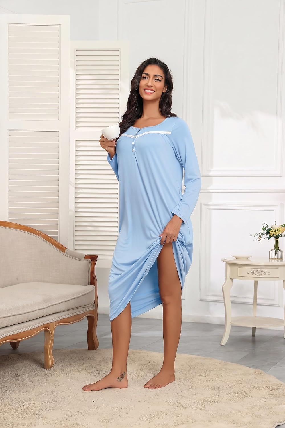 image:imageEkouaer Long Sleeve Nightgowns for Women Henley Sleepshirts with PocketsLight Blue