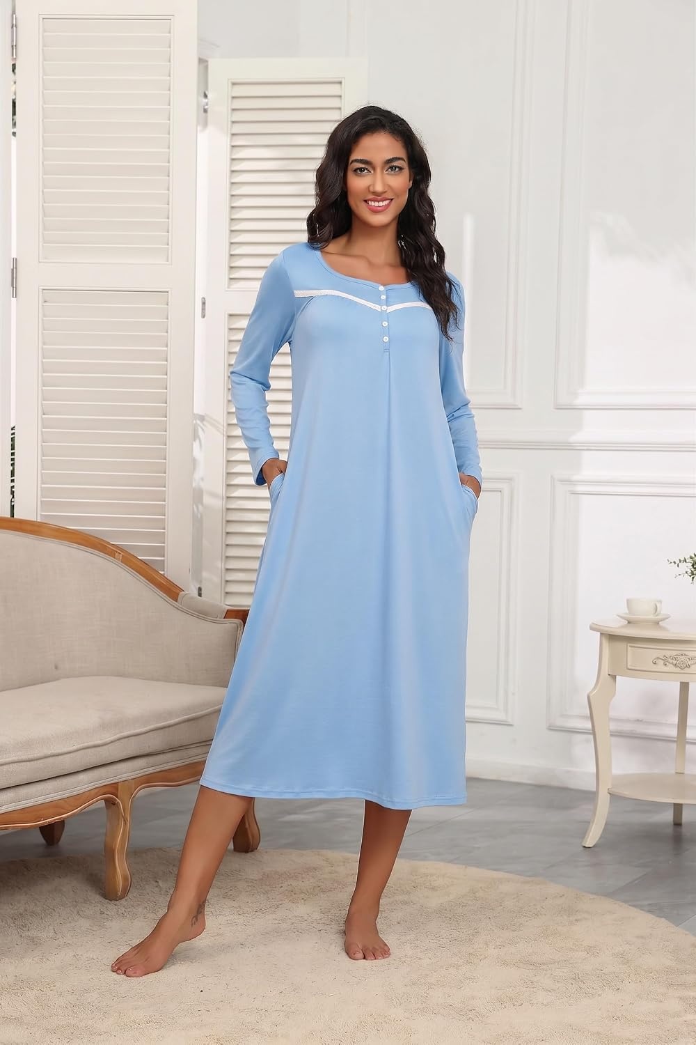 image:imageEkouaer Long Sleeve Nightgowns for Women Henley Sleepshirts with PocketsLight Blue