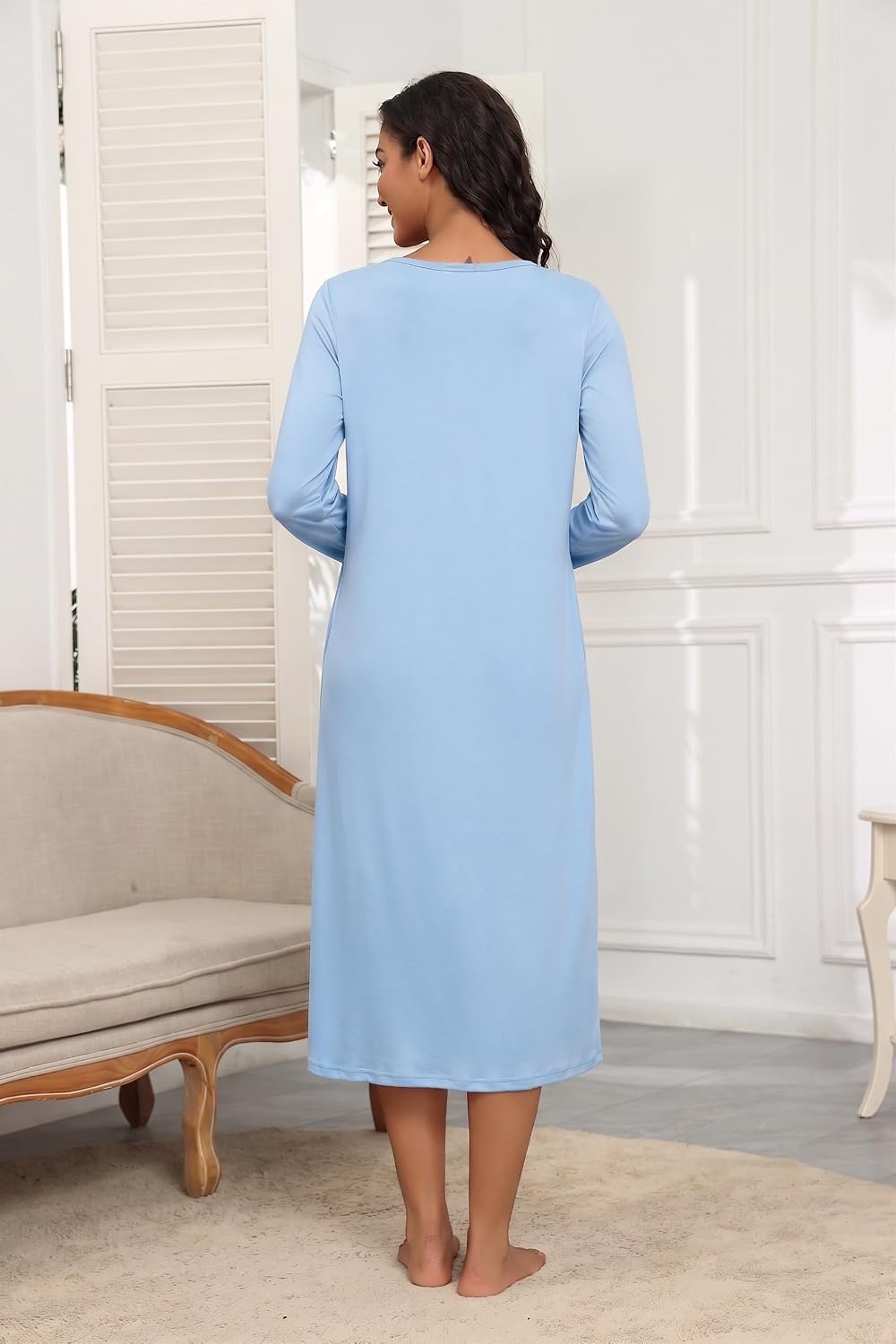 image:imageEkouaer Long Sleeve Nightgowns for Women Henley Sleepshirts with PocketsLight Blue