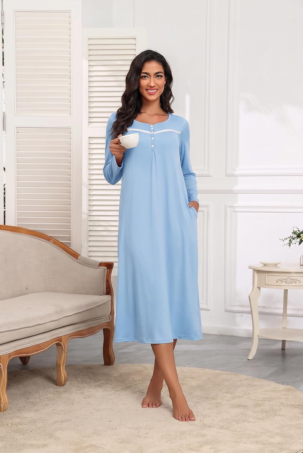 image:imageEkouaer Long Sleeve Nightgowns for Women Henley Sleepshirts with PocketsLight Blue
