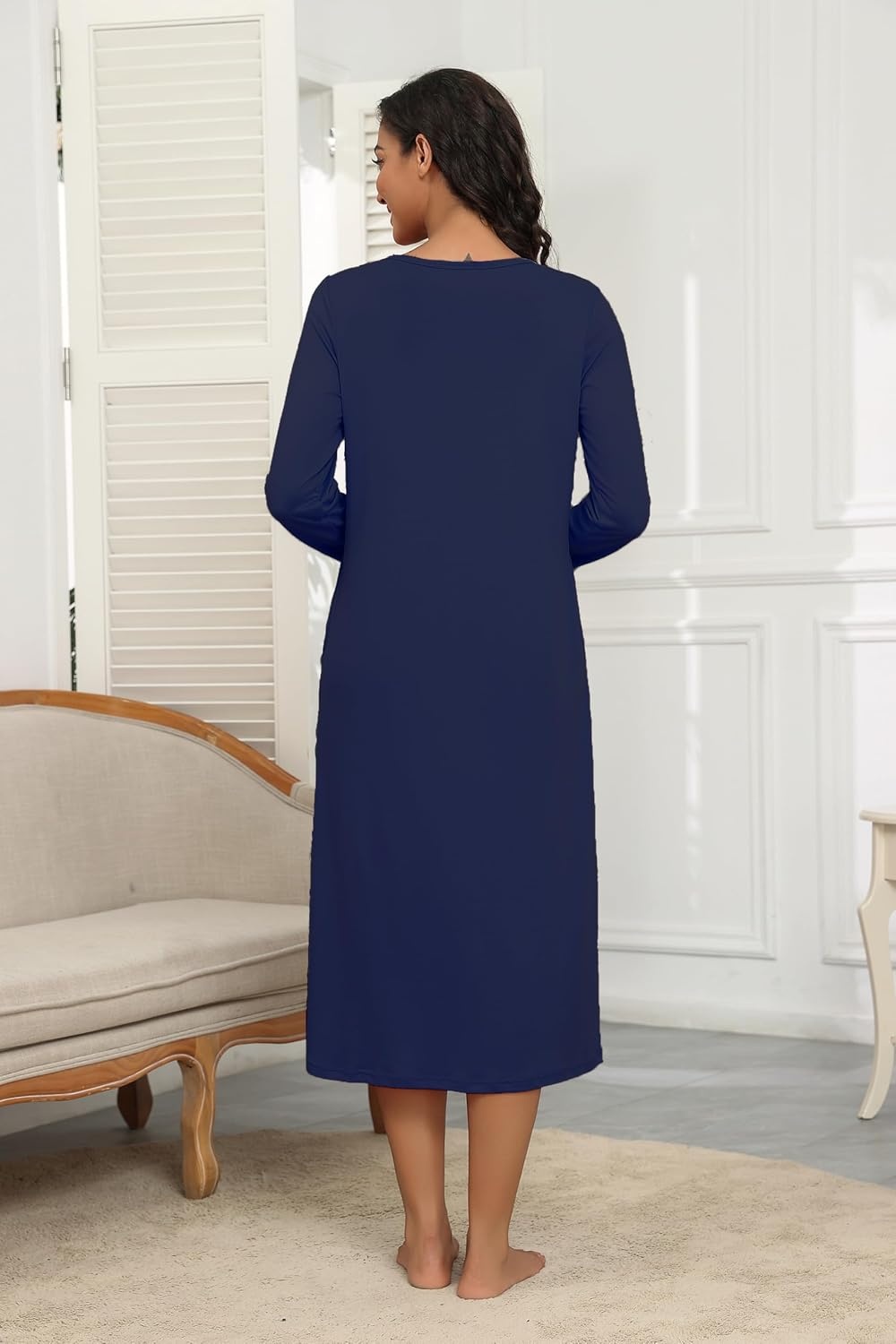 image:imageEkouaer Long Sleeve Nightgowns for Women Henley Sleepshirts with PocketsNavy Blue