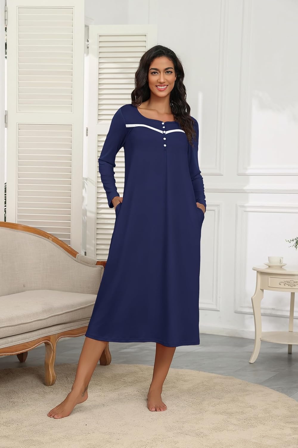 image:imageEkouaer Long Sleeve Nightgowns for Women Henley Sleepshirts with PocketsNavy Blue
