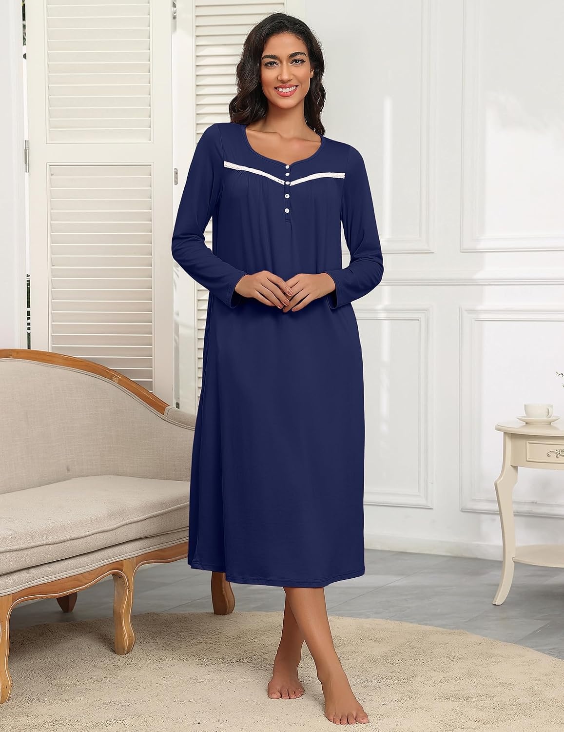 image:imageEkouaer Long Sleeve Nightgowns for Women Henley Sleepshirts with PocketsNavy Blue