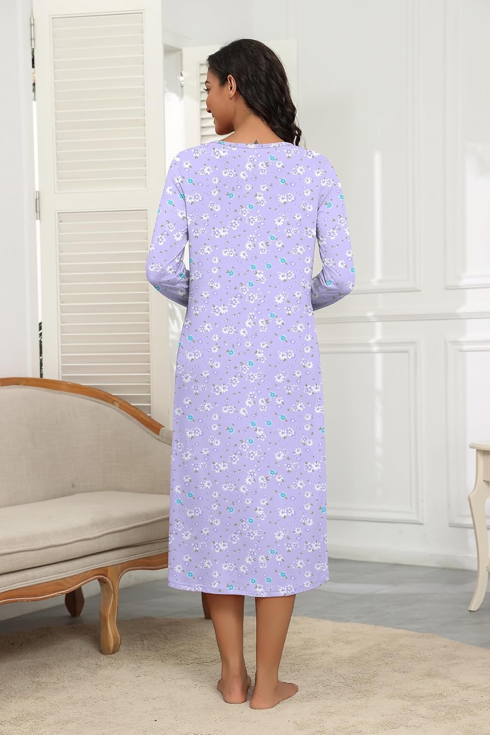 image:imageEkouaer Long Sleeve Nightgowns for Women Henley Sleepshirts with PocketsPurple Floral