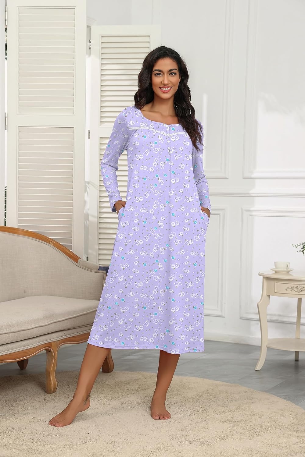 image:imageEkouaer Long Sleeve Nightgowns for Women Henley Sleepshirts with PocketsPurple Floral
