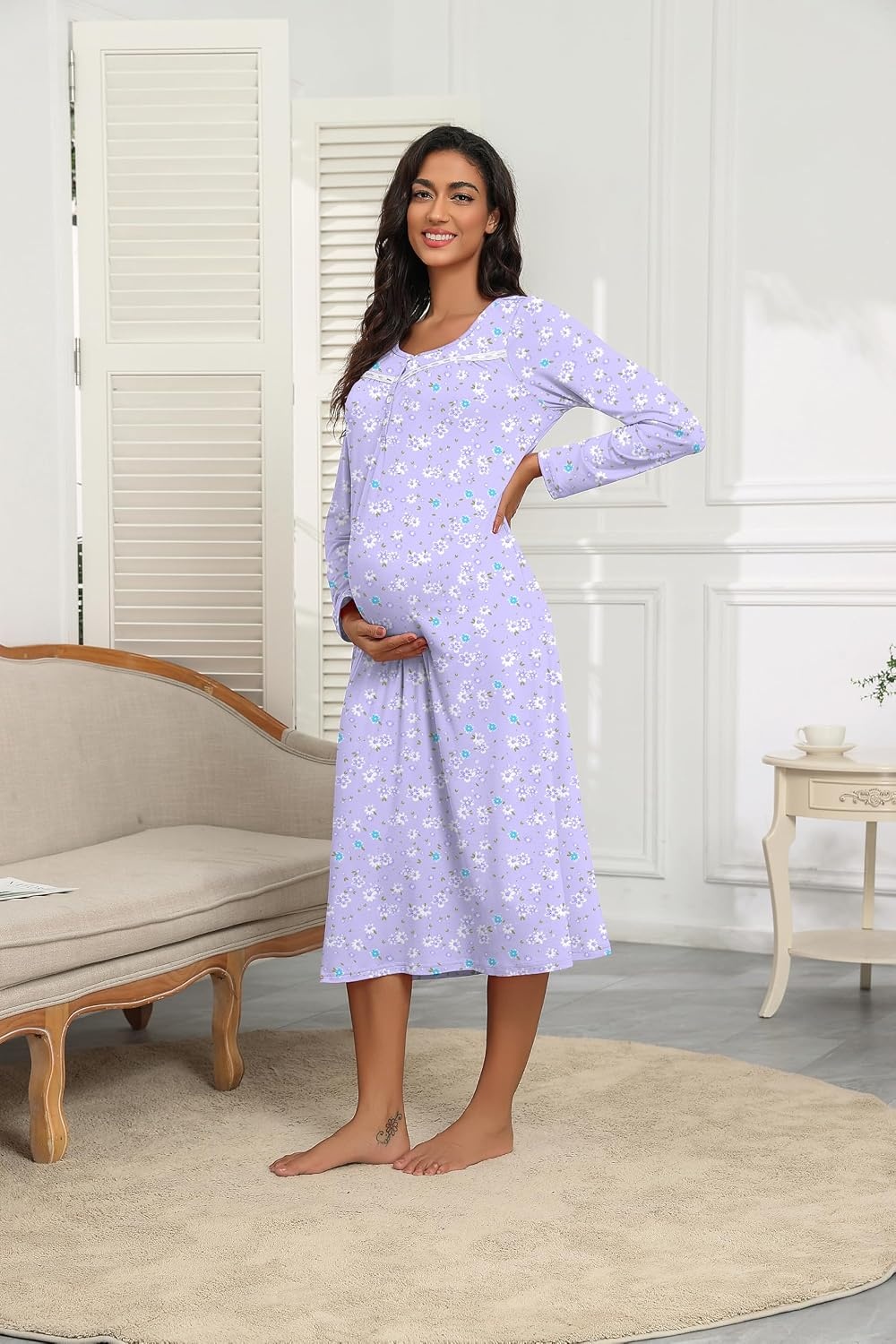 image:imageEkouaer Long Sleeve Nightgowns for Women Henley Sleepshirts with PocketsPurple Floral