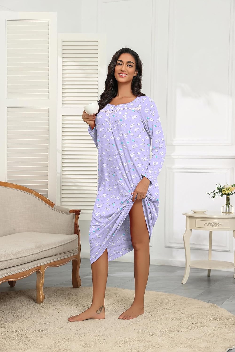 image:imageEkouaer Long Sleeve Nightgowns for Women Henley Sleepshirts with PocketsPurple Floral
