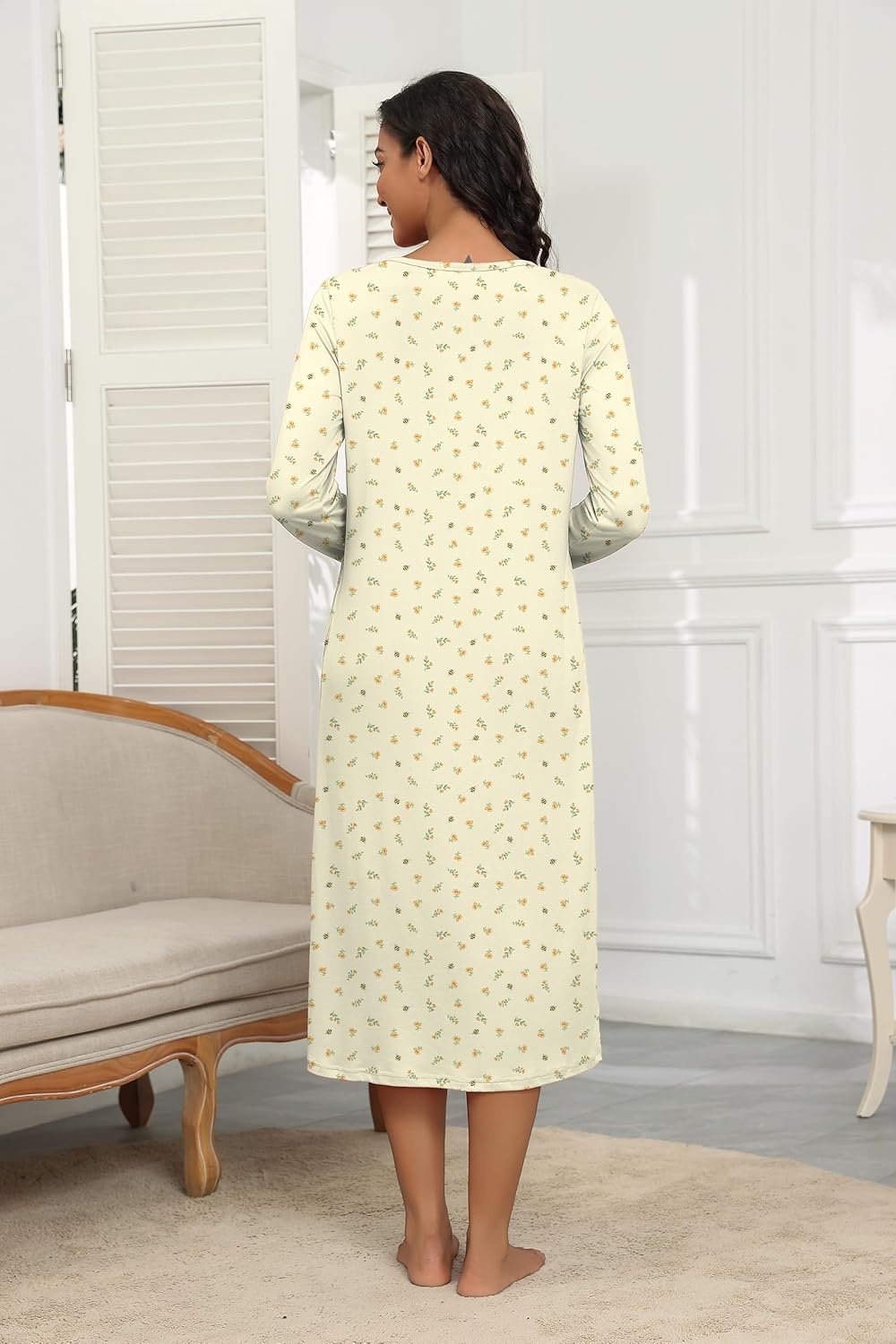 image:imageEkouaer Long Sleeve Nightgowns for Women Henley Sleepshirts with PocketsYellow Floral