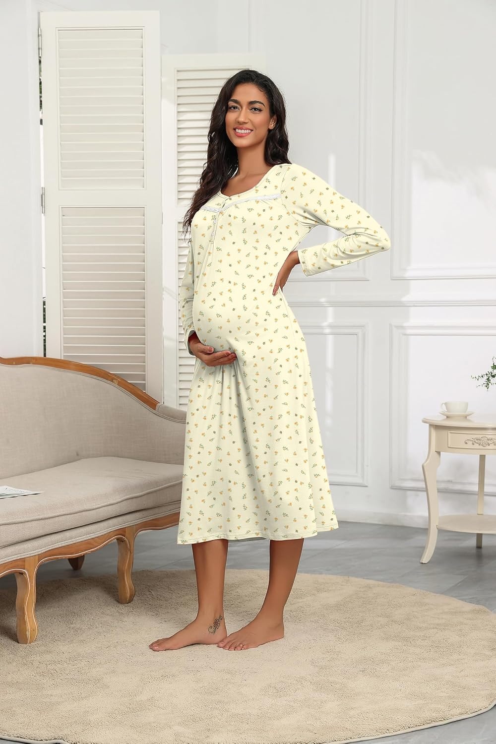 image:imageEkouaer Long Sleeve Nightgowns for Women Henley Sleepshirts with PocketsYellow Floral