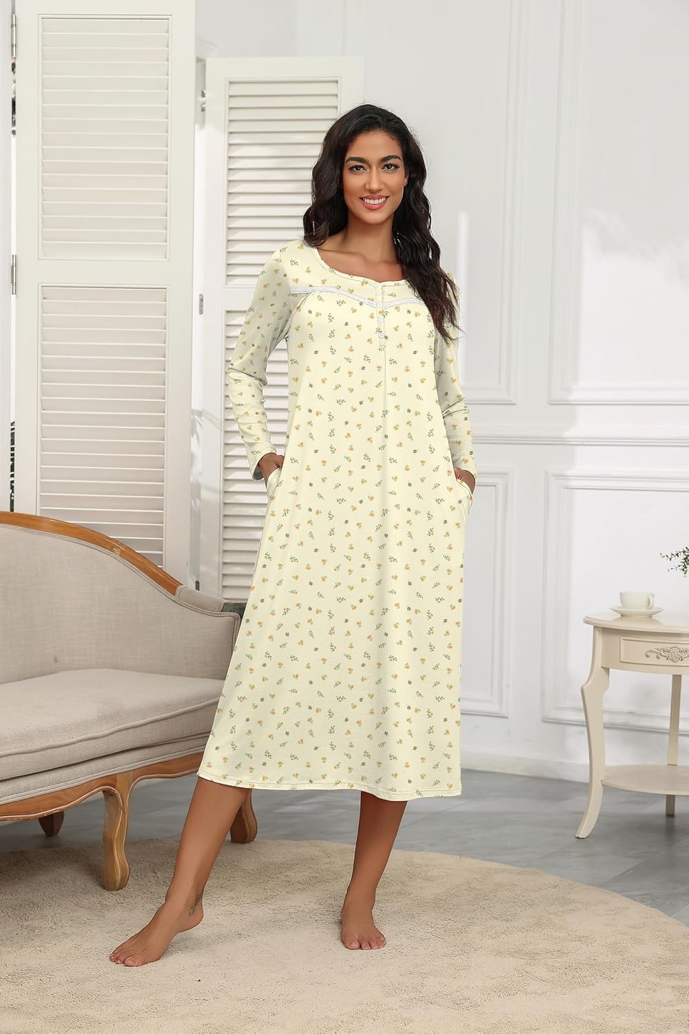image:imageEkouaer Long Sleeve Nightgowns for Women Henley Sleepshirts with PocketsYellow Floral