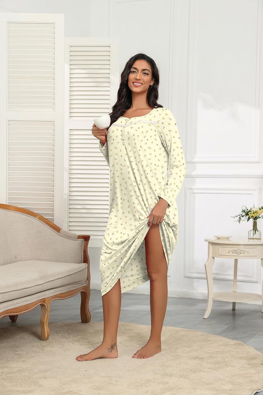 image:imageEkouaer Long Sleeve Nightgowns for Women Henley Sleepshirts with PocketsYellow Floral