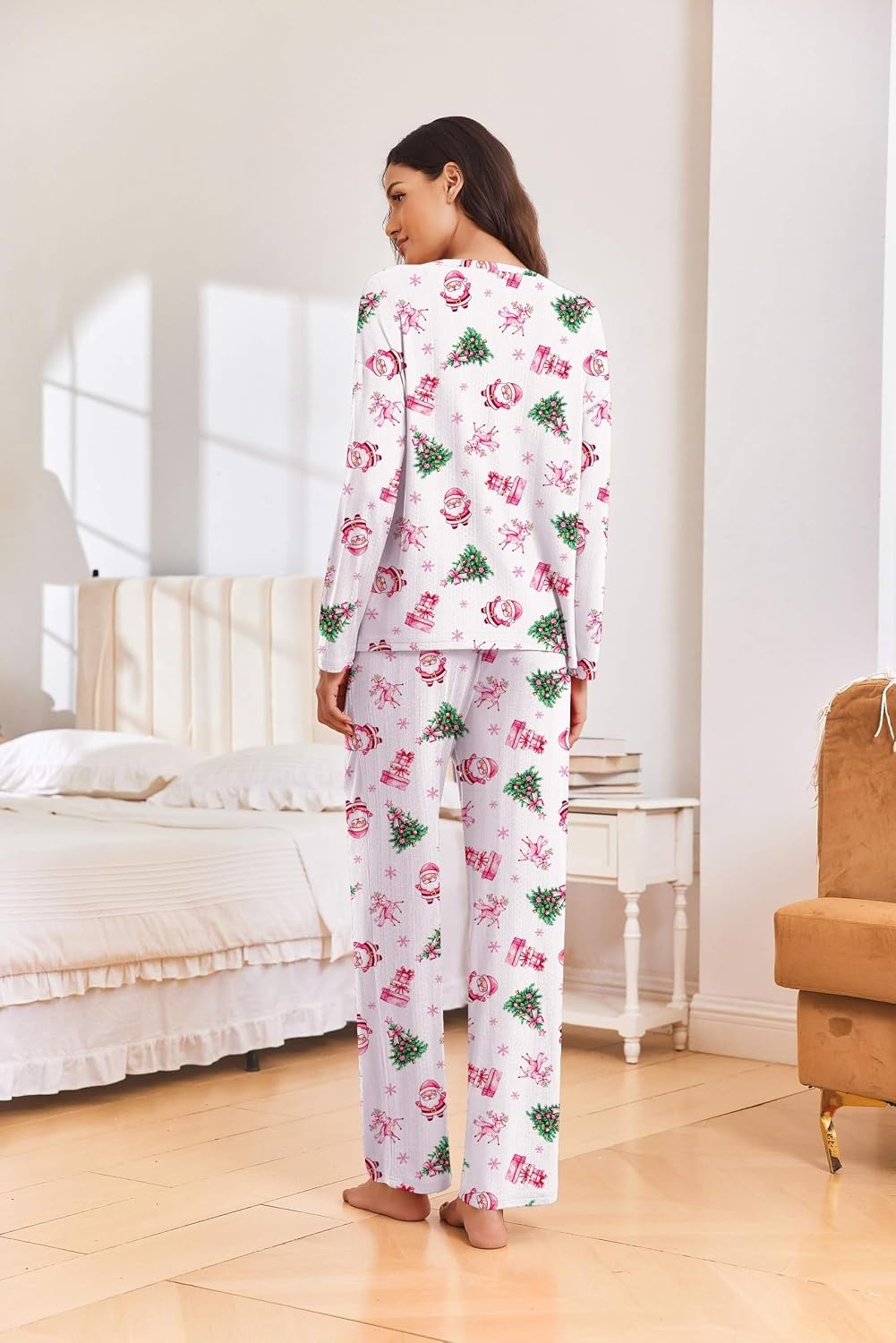 image:imageEkouaer Pajama Set Womens Soft Pjs 2 Piece Long Sleeve Lounge SetsWhite Xmas