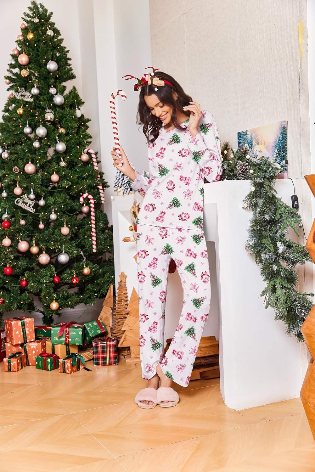 image:imageEkouaer Pajama Set Womens Soft Pjs 2 Piece Long Sleeve Lounge SetsWhite Xmas