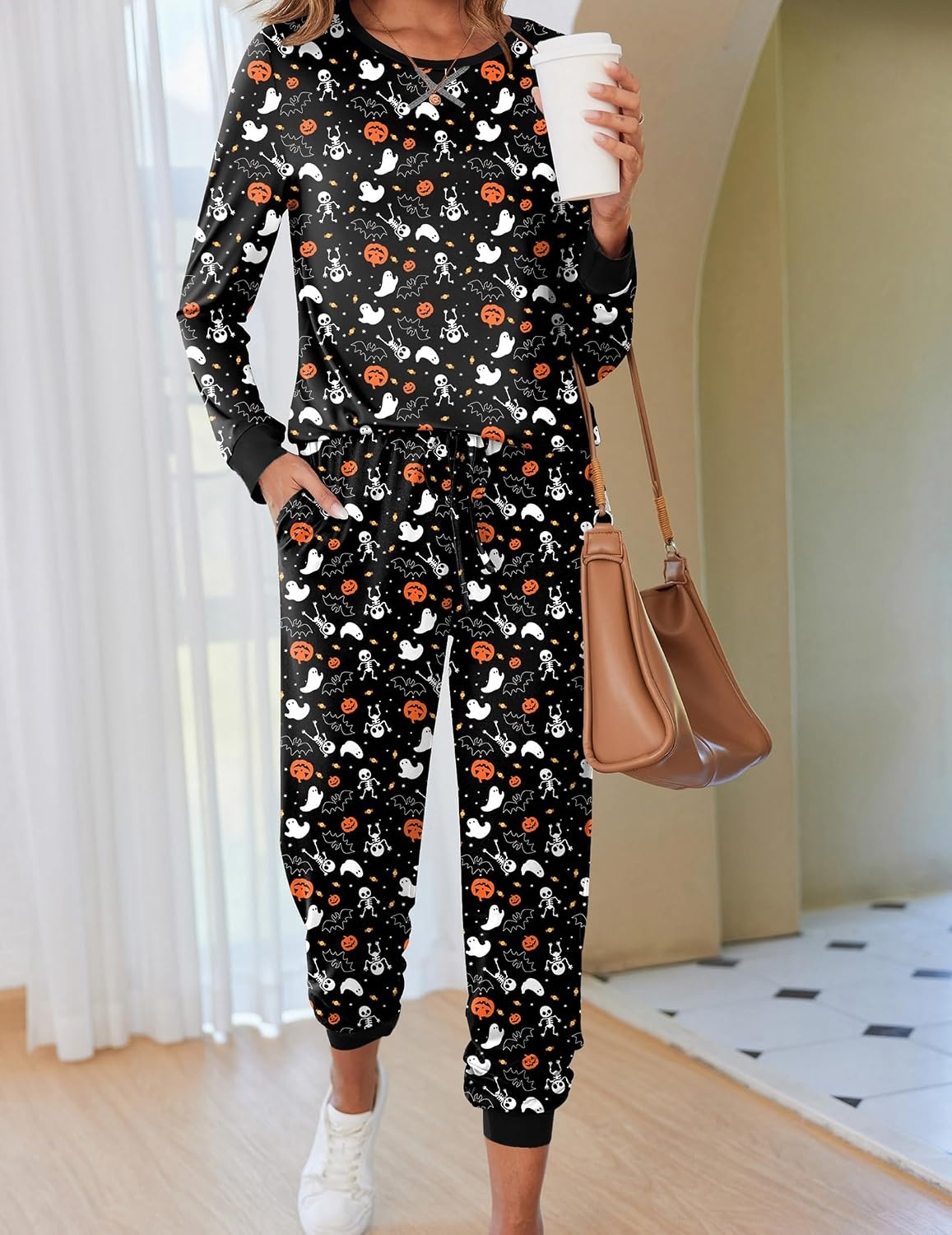 image:imageEkouaer Pajamas for Women Comfy Long Sleeve Jogger Set Lounge Pjs SetBlack Halloween