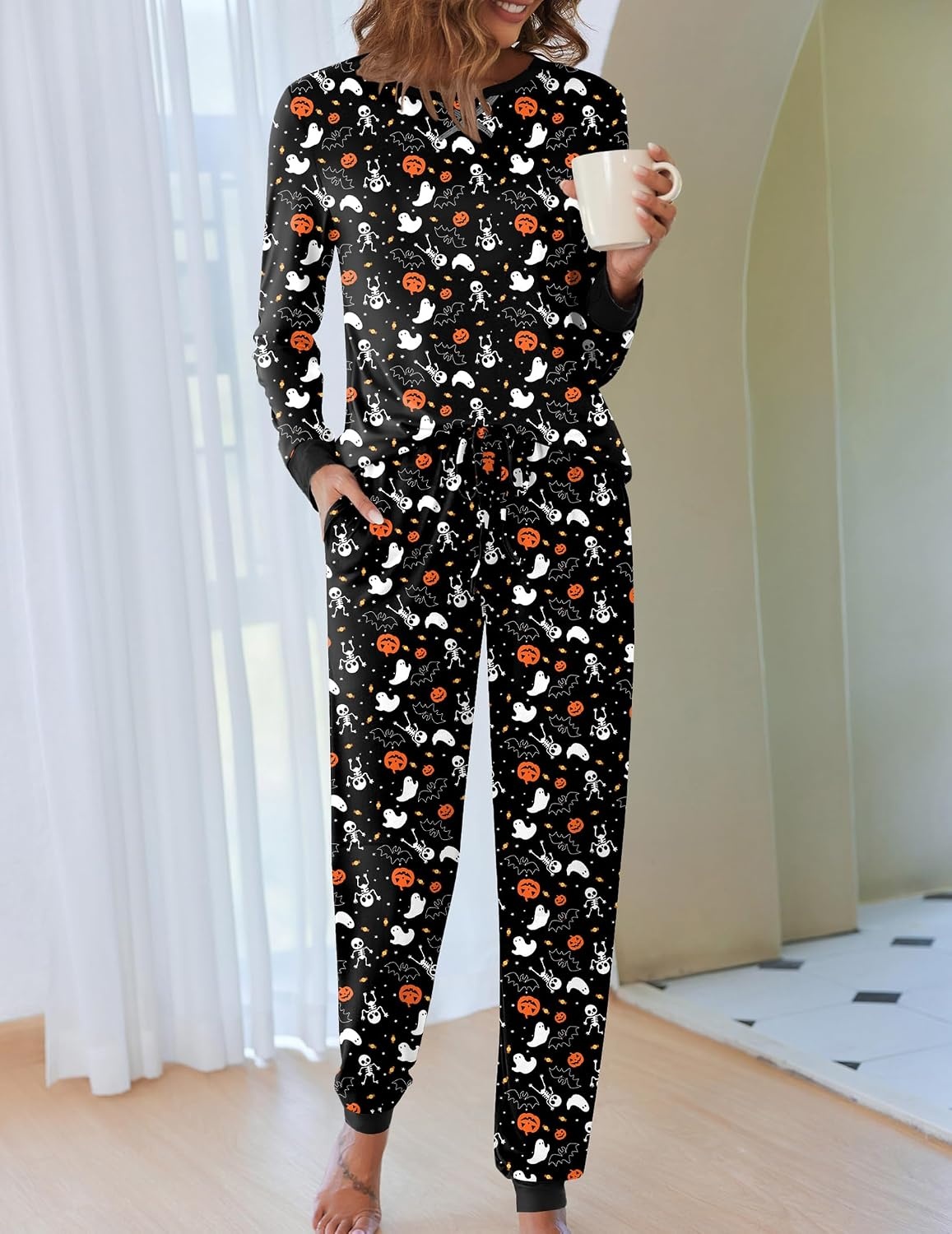 image:imageEkouaer Pajamas for Women Comfy Long Sleeve Jogger Set Lounge Pjs SetBlack Halloween