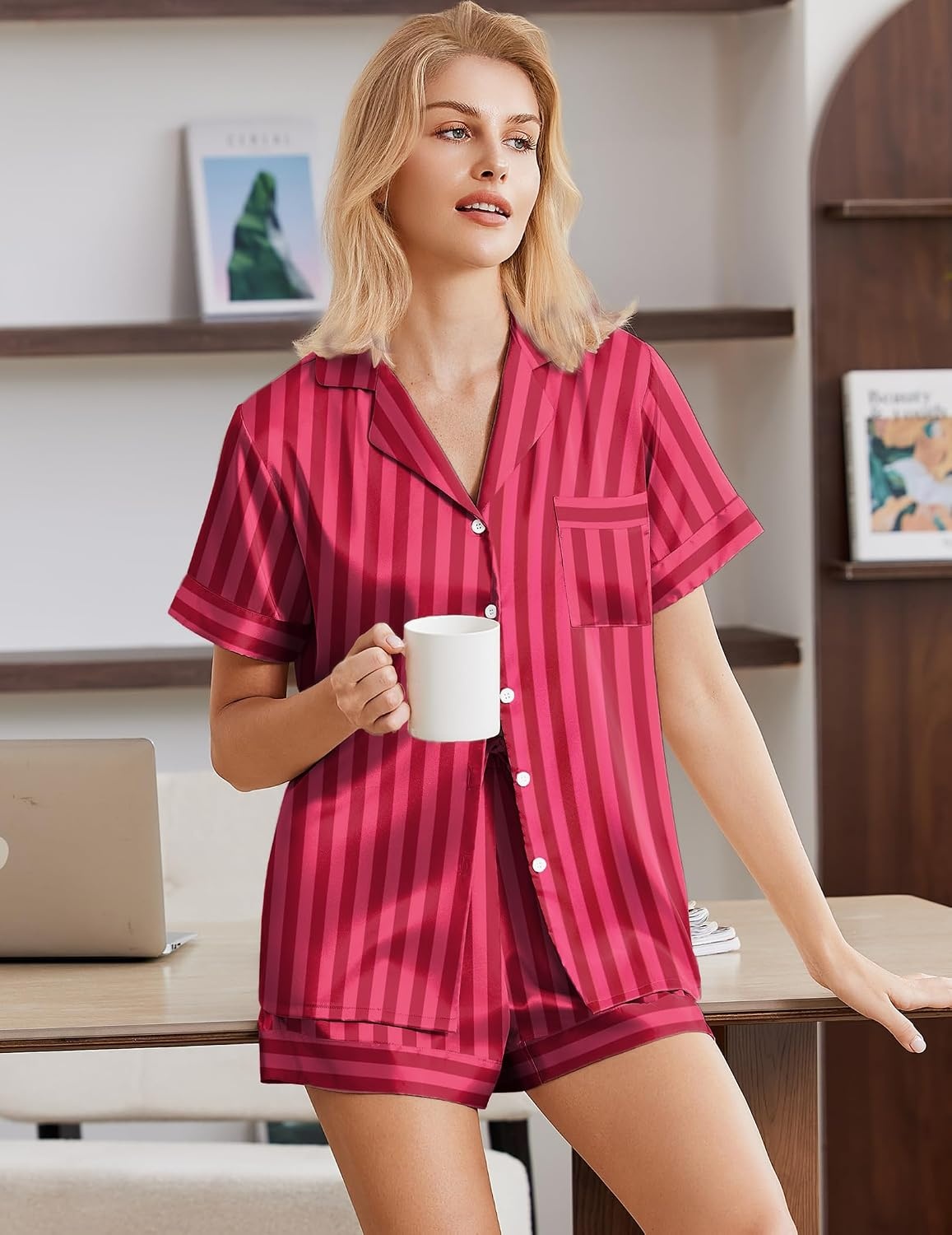 image:imageEkouaer Silk Pajamas for Women Short Sleeve Button Down Satin Pj Shorts Set
