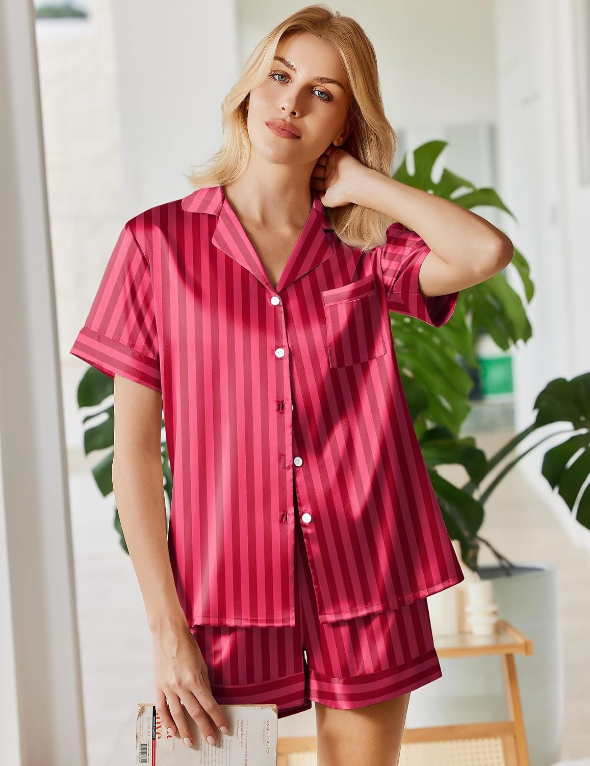 image:imageEkouaer Silk Pajamas for Women Short Sleeve Button Down Satin Pj Shorts Set