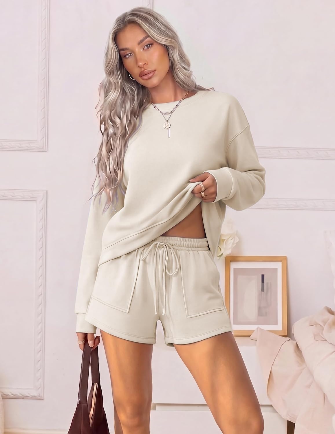 image:imageEkouaer Womens Lounge Sets Pajamas 2026 Fall Long Sleeve TopampShorts XSXXLApricot