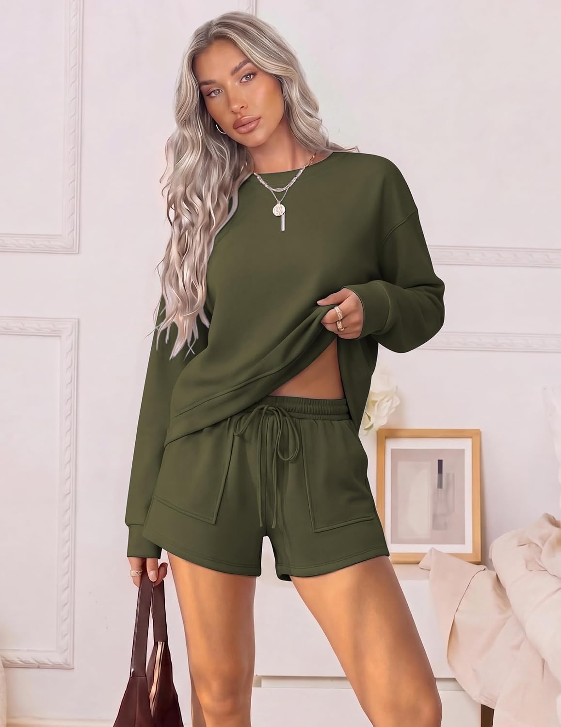image:imageEkouaer Womens Lounge Sets Pajamas 2026 Fall Long Sleeve TopampShorts XSXXLArmy Green