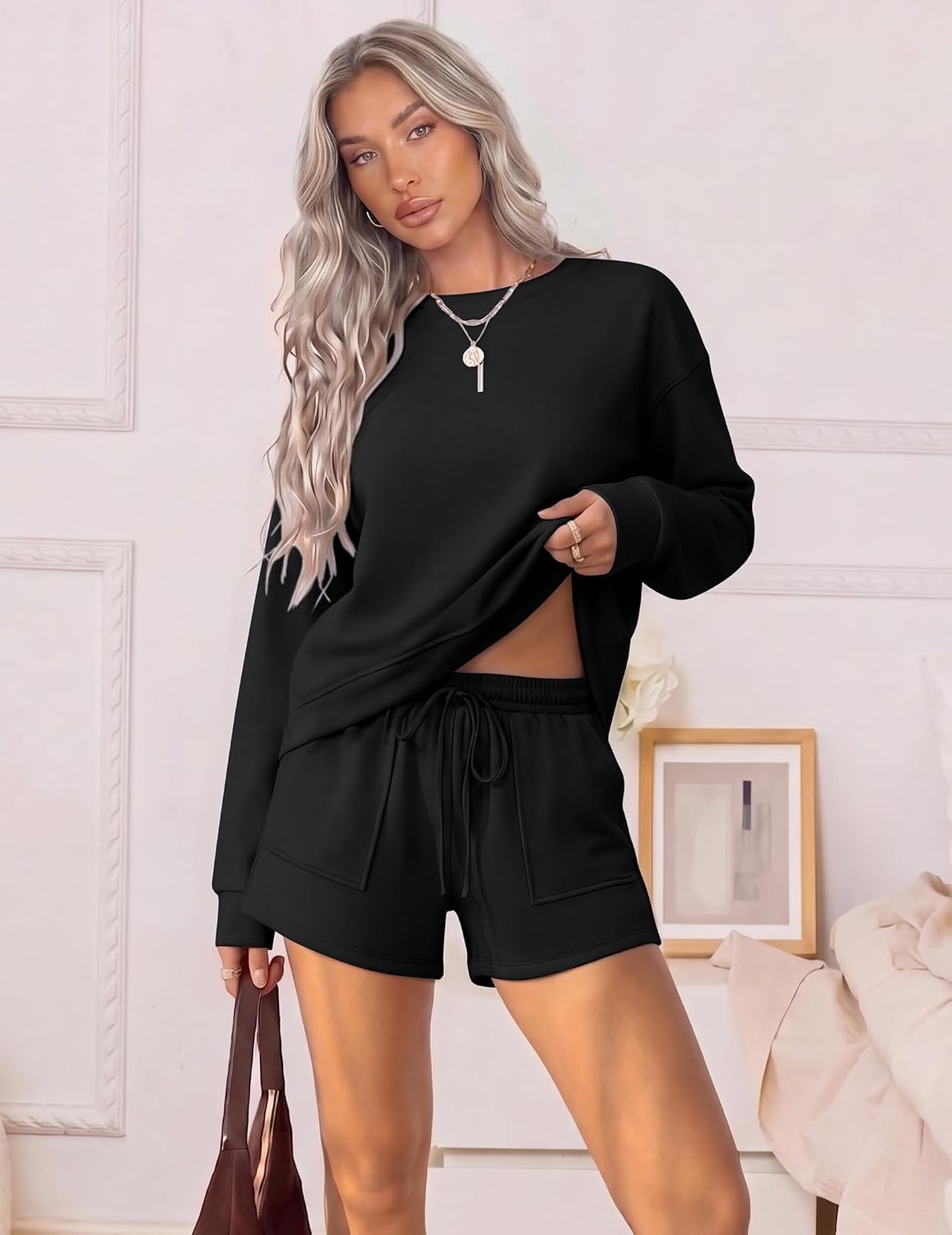 image:imageEkouaer Womens Lounge Sets Pajamas 2026 Fall Long Sleeve TopampShorts XSXXLBlack