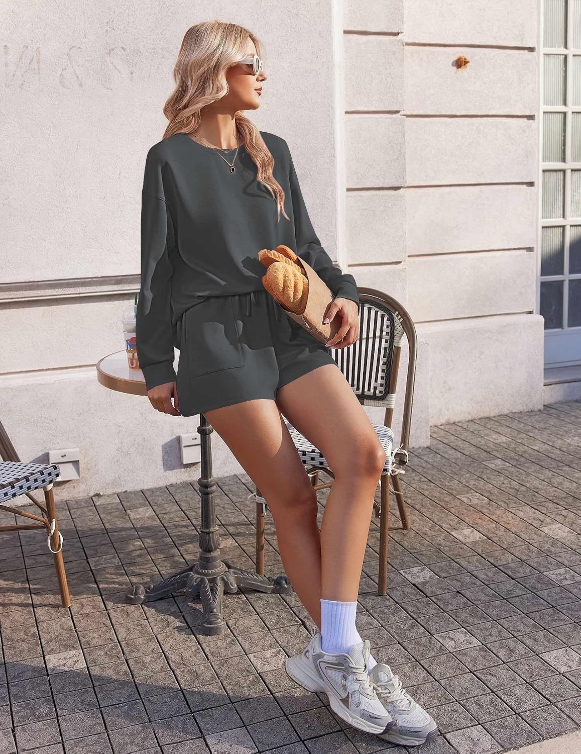 image:imageEkouaer Womens Lounge Sets Pajamas 2026 Fall Long Sleeve TopampShorts XSXXLDark Gray