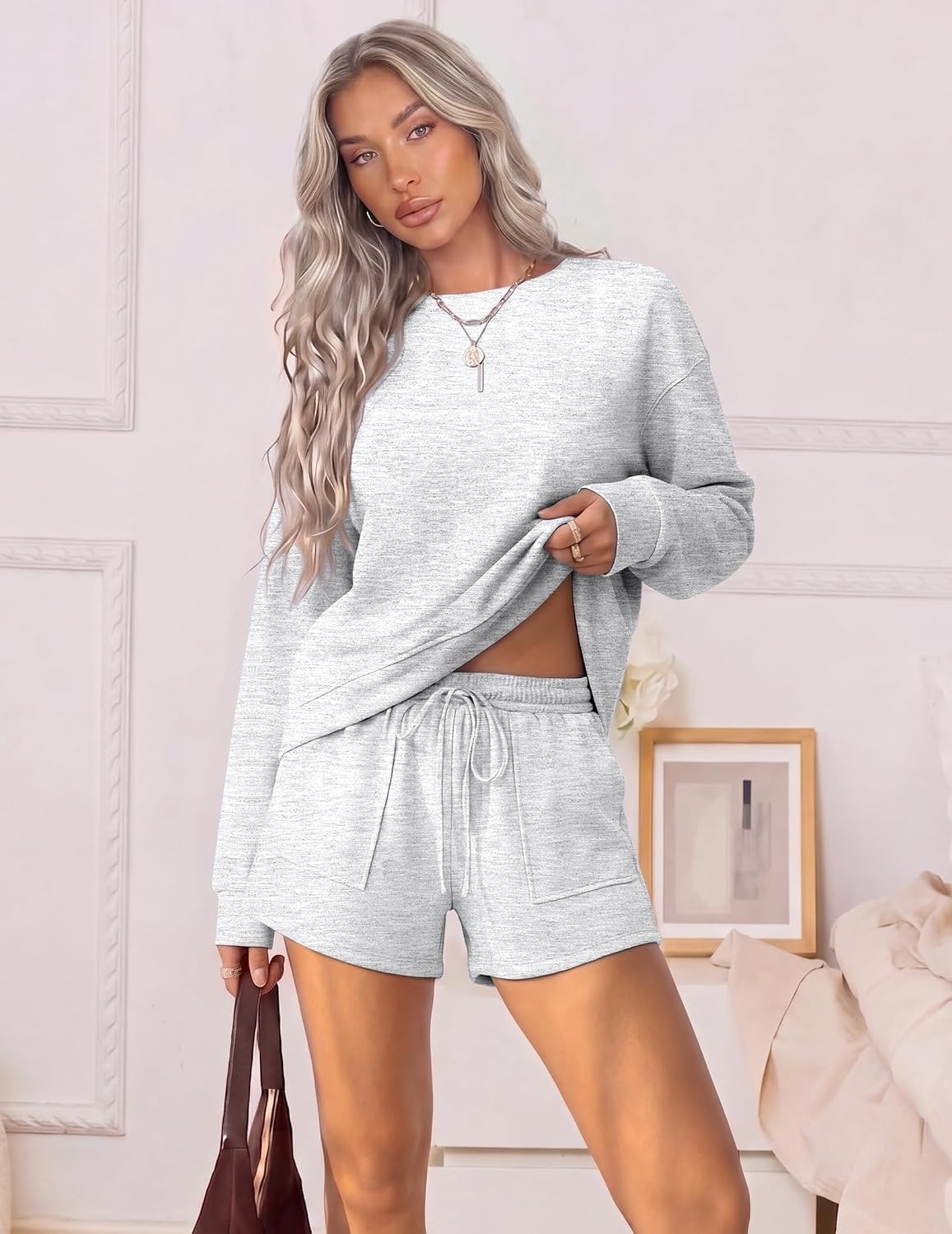 image:imageEkouaer Womens Lounge Sets Pajamas 2026 Fall Long Sleeve TopampShorts XSXXLLight Grey