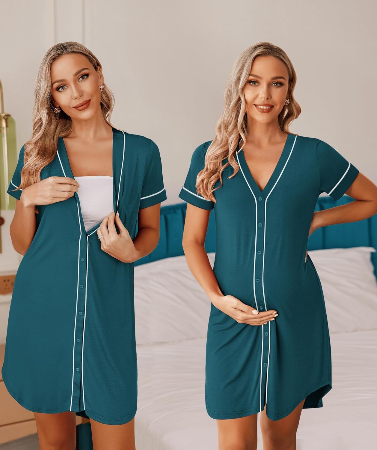 image:imageEkouaer Womens Nightgown Button Down Sleep Shirts Short Sleeve Nightshirt VNeck Sleepdress Soft SleepwerPeacock Blue