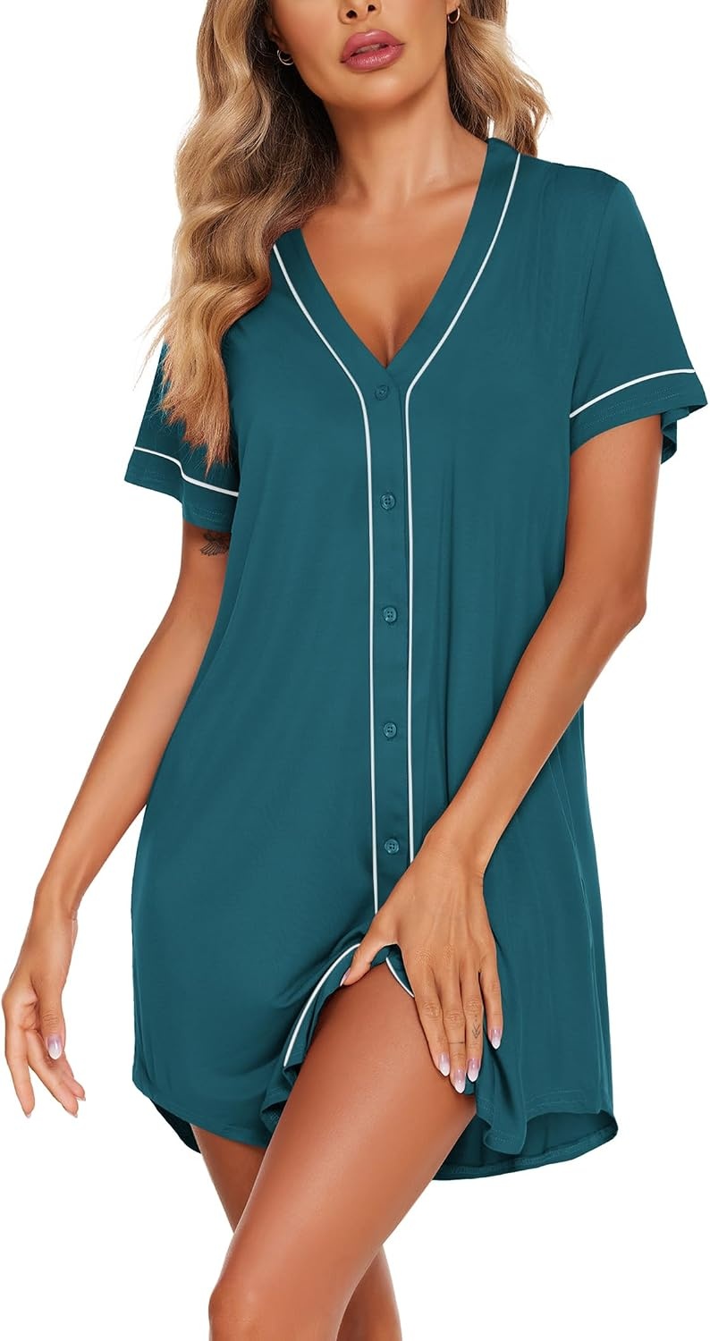 image:imageEkouaer Womens Nightgown Button Down Sleep Shirts Short Sleeve Nightshirt VNeck Sleepdress Soft SleepwerPeacock Blue