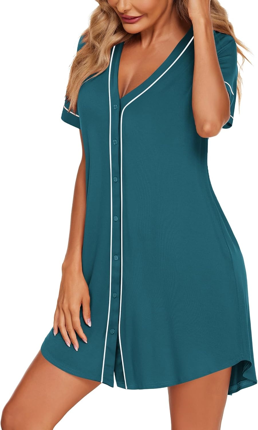 image:imageEkouaer Womens Nightgown Button Down Sleep Shirts Short Sleeve Nightshirt VNeck Sleepdress Soft SleepwerPeacock Blue