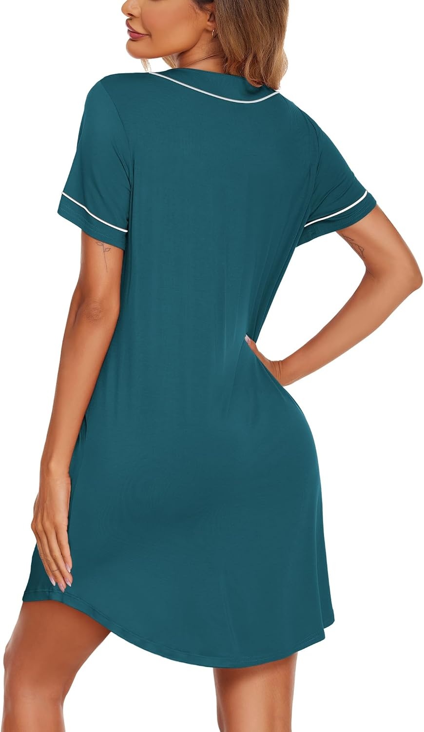 image:imageEkouaer Womens Nightgown Button Down Sleep Shirts Short Sleeve Nightshirt VNeck Sleepdress Soft SleepwerPeacock Blue