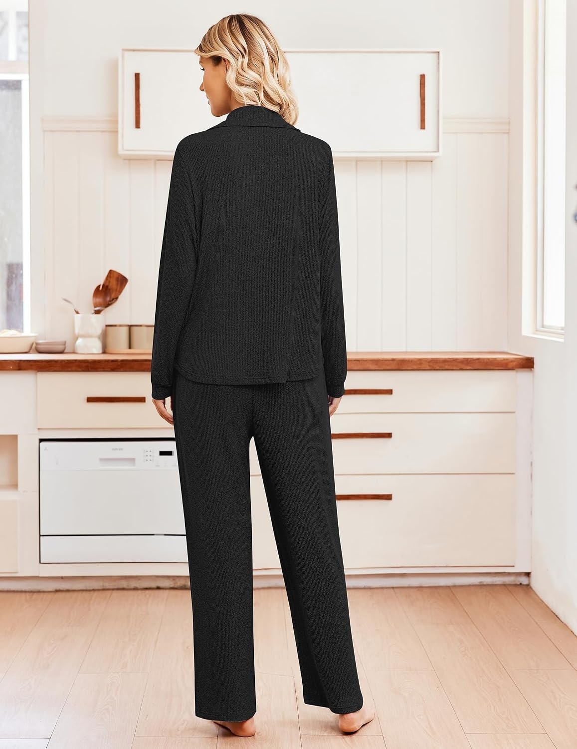 image:imageEkouaer Womens Pajama Sets Long Sleeve Button Down Soft Lounge Sets RibbedBlack