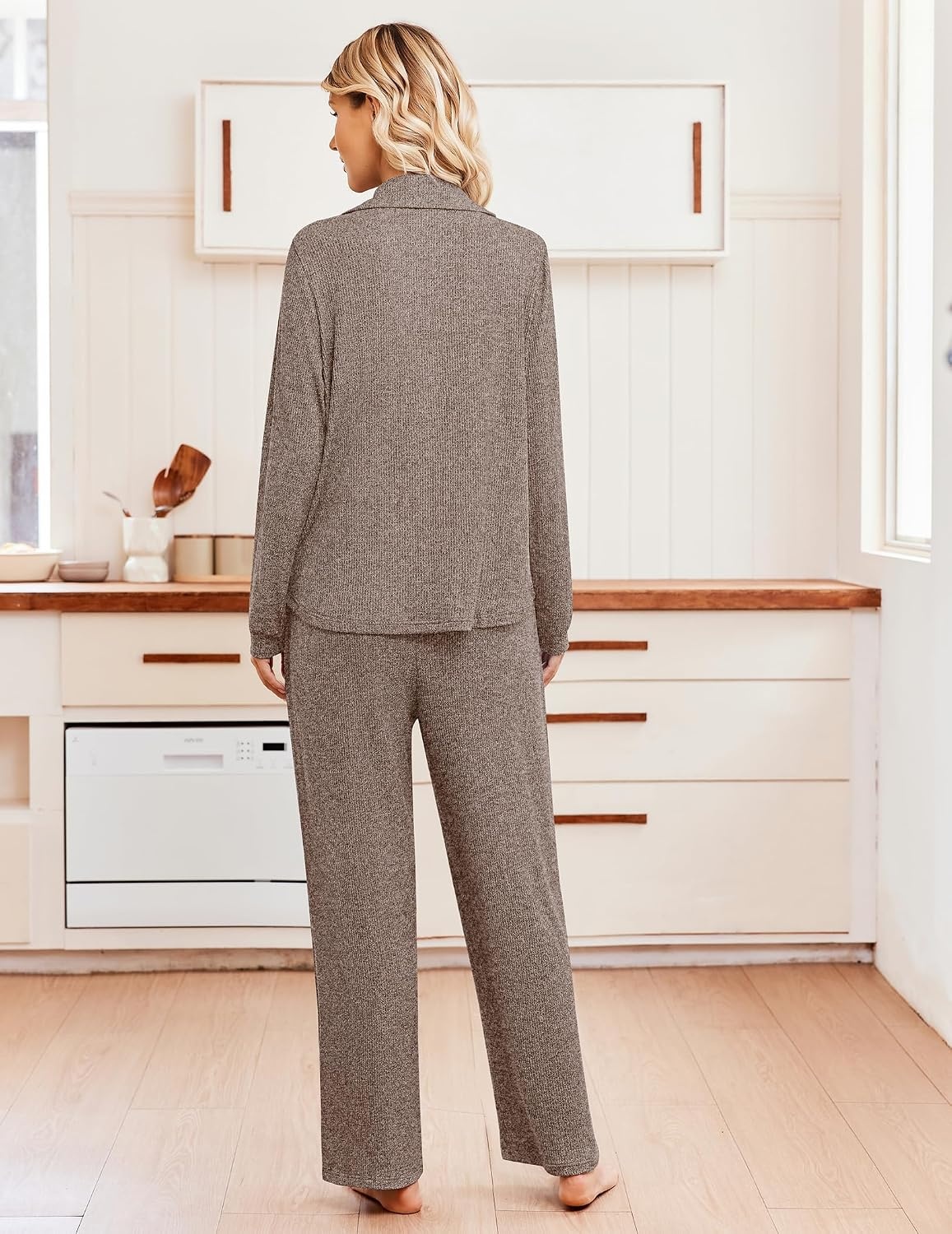 image:imageEkouaer Womens Pajama Sets Long Sleeve Button Down Soft Lounge Sets RibbedBrown