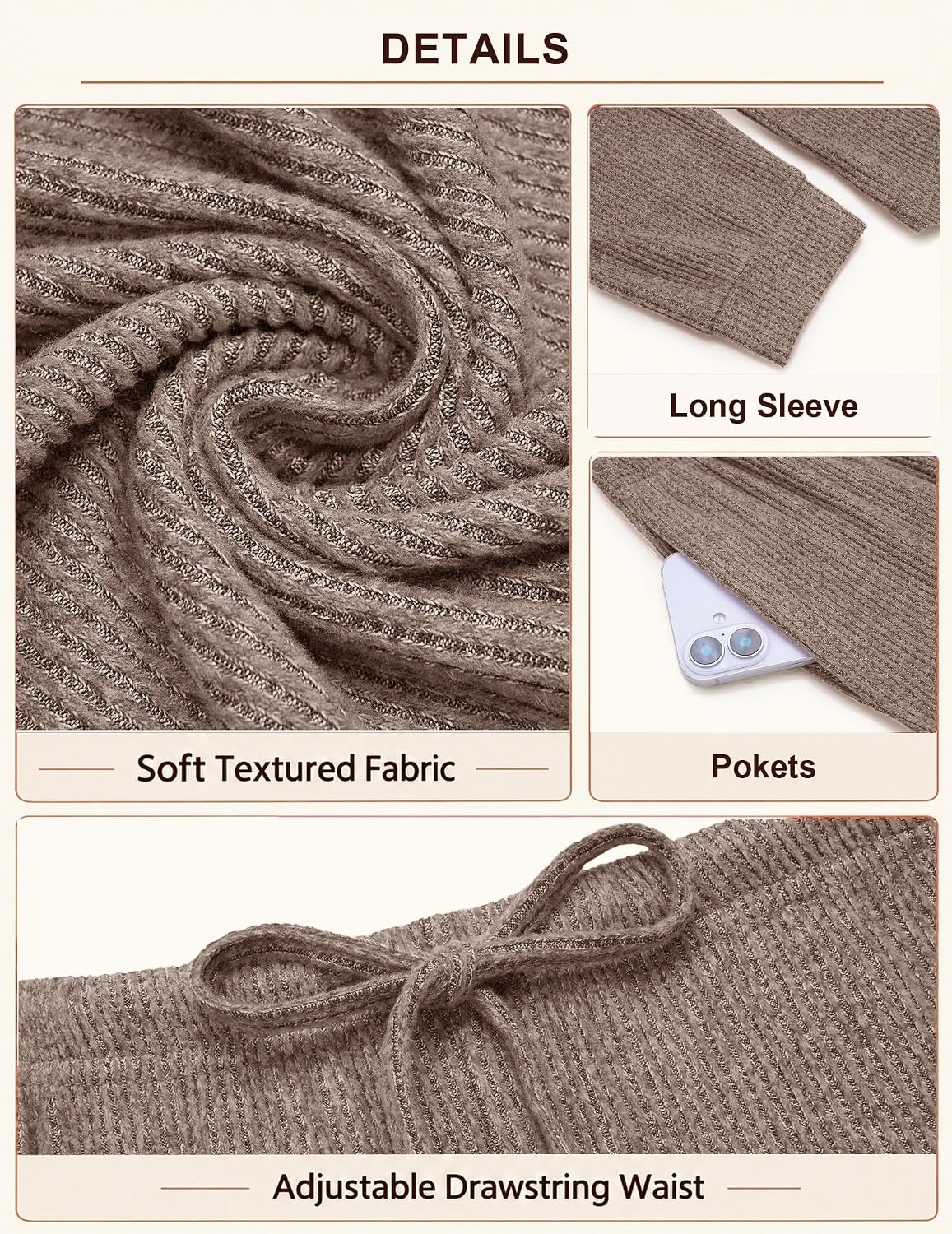 image:imageEkouaer Womens Pajama Sets Long Sleeve Button Down Soft Lounge Sets RibbedBrown