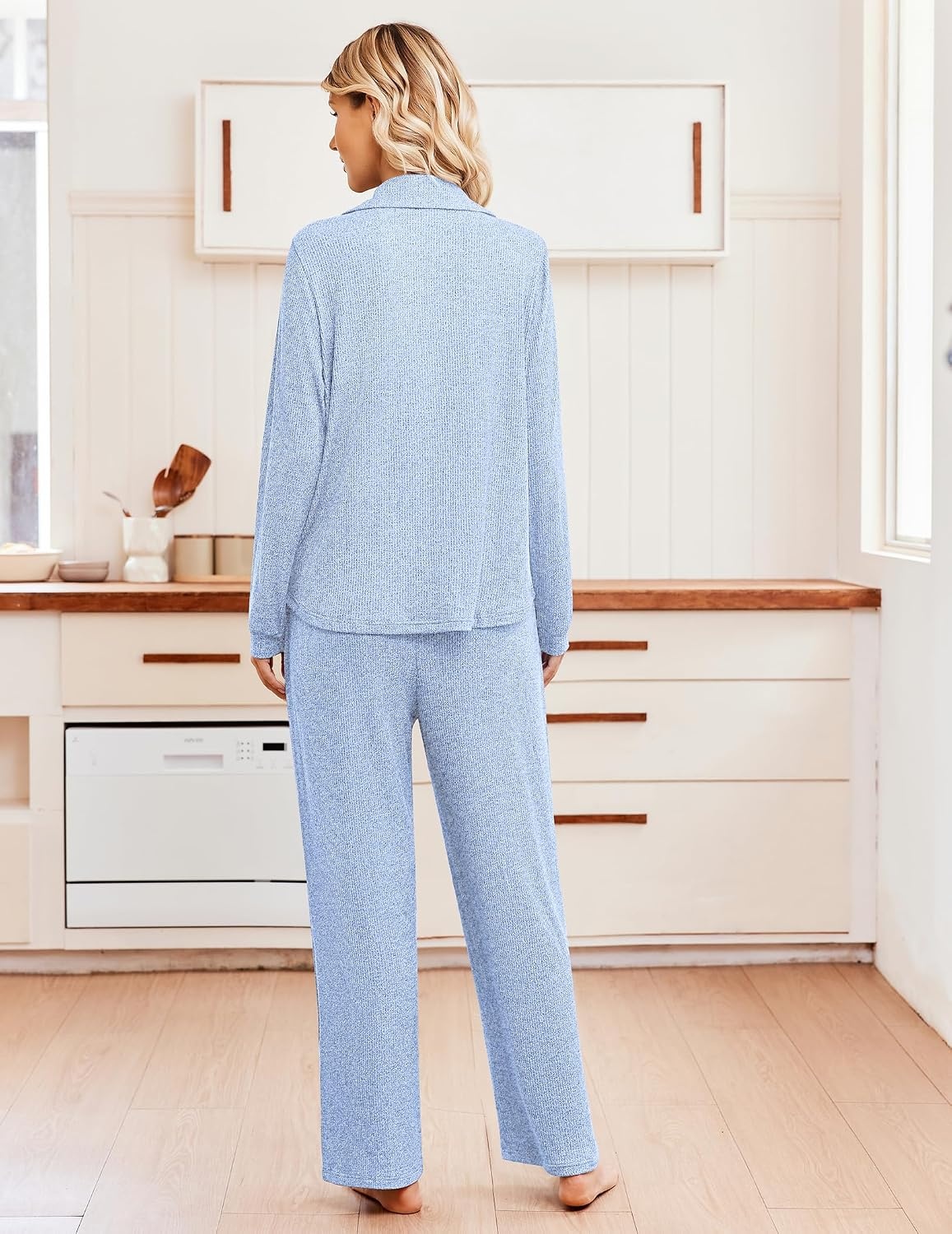 image:imageEkouaer Womens Pajama Sets Long Sleeve Button Down Soft Lounge Sets RibbedLight Blue