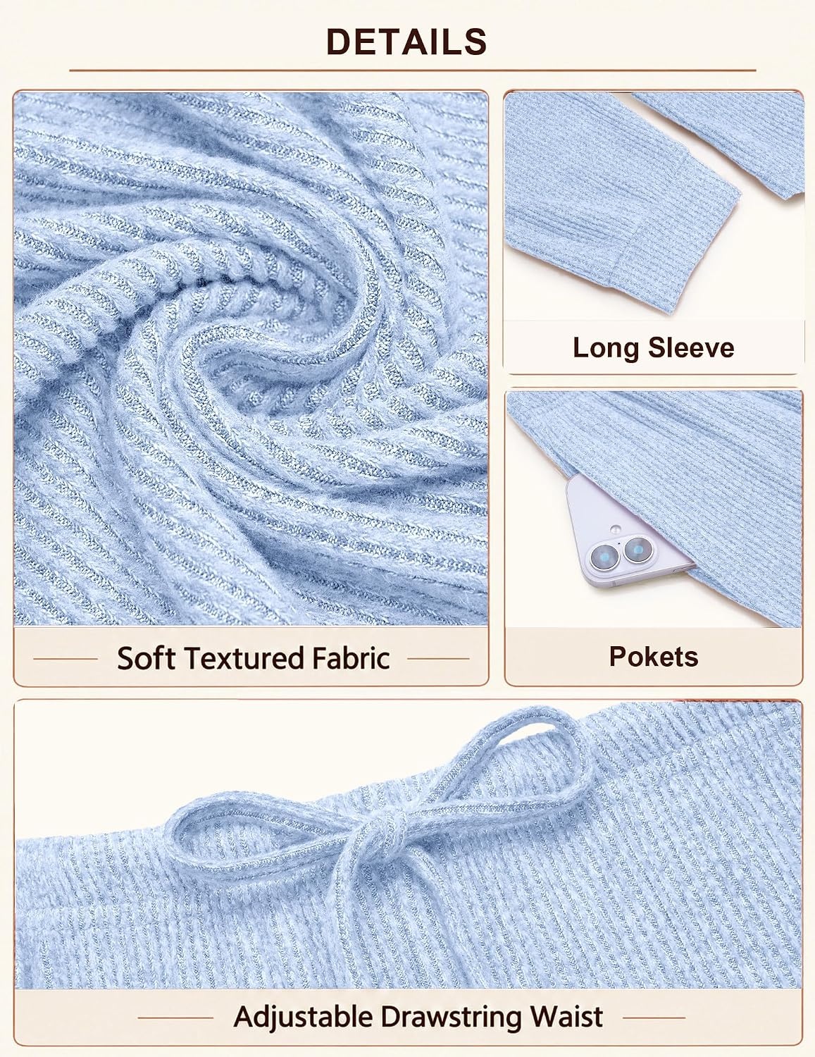 image:imageEkouaer Womens Pajama Sets Long Sleeve Button Down Soft Lounge Sets RibbedLight Blue