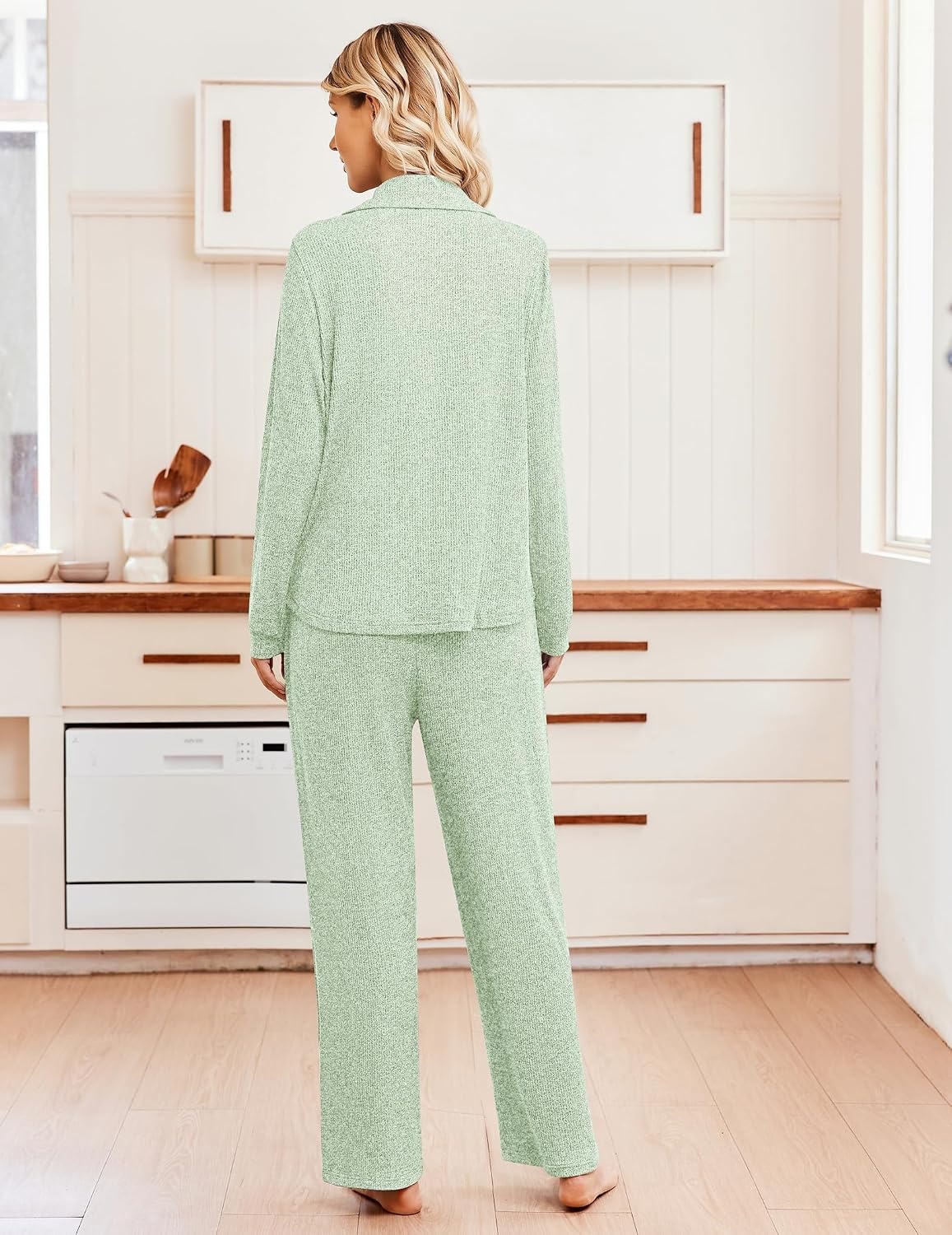 image:imageEkouaer Womens Pajama Sets Long Sleeve Button Down Soft Lounge Sets RibbedLight Green