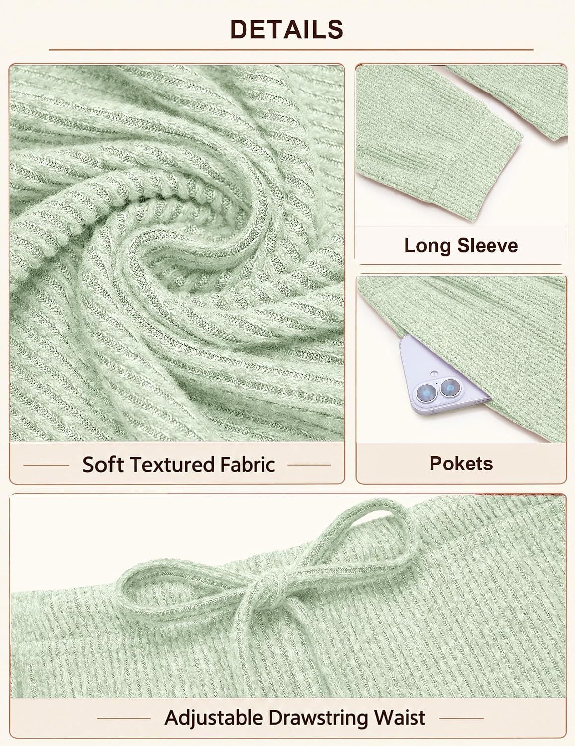 image:imageEkouaer Womens Pajama Sets Long Sleeve Button Down Soft Lounge Sets RibbedLight Green