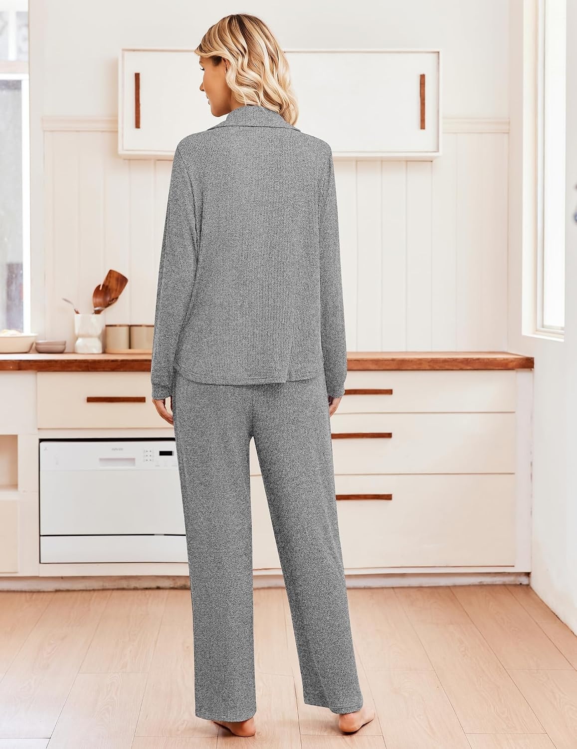 image:imageEkouaer Womens Pajama Sets Long Sleeve Button Down Soft Lounge Sets RibbedLight Grey