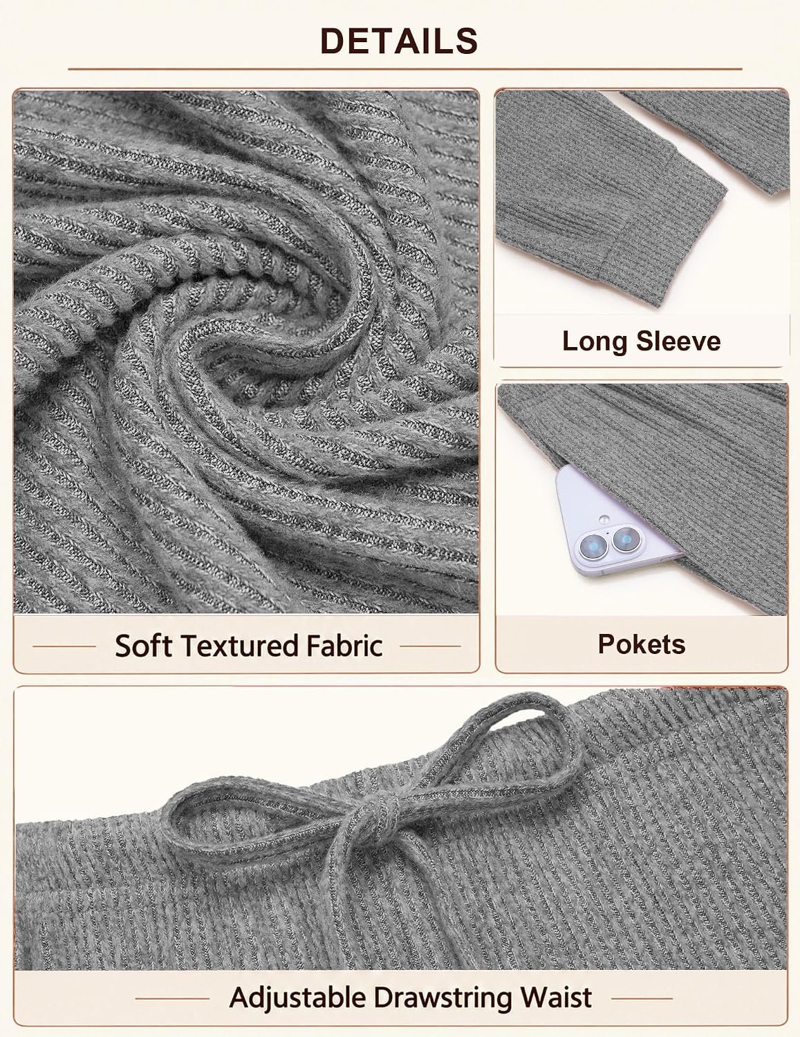 image:imageEkouaer Womens Pajama Sets Long Sleeve Button Down Soft Lounge Sets RibbedLight Grey