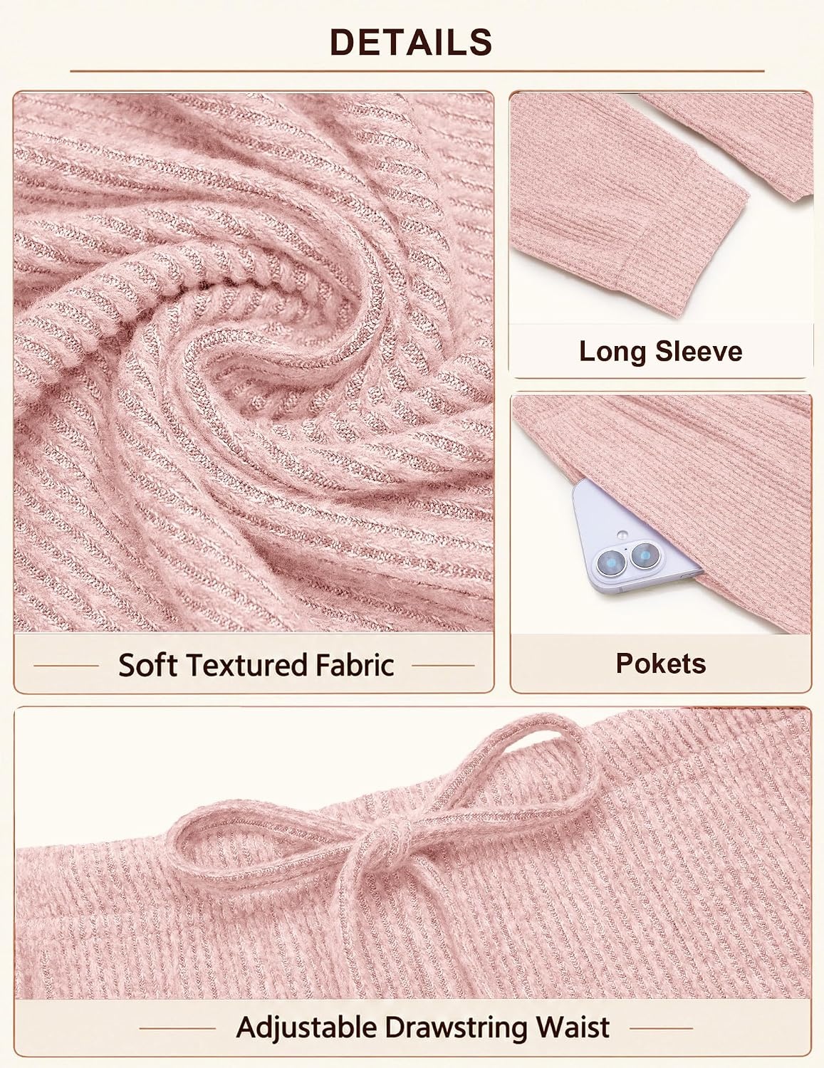 image:imageEkouaer Womens Pajama Sets Long Sleeve Button Down Soft Lounge Sets RibbedLight Pink