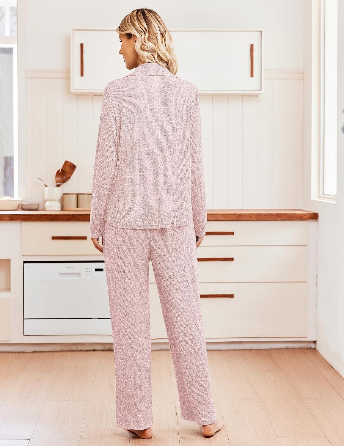 image:imageEkouaer Womens Pajama Sets Long Sleeve Button Down Soft Lounge Sets RibbedLight Pink