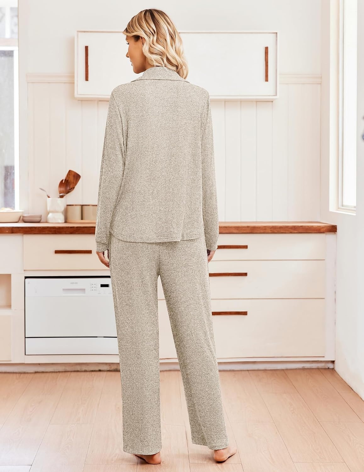 image:imageEkouaer Womens Pajama Sets Long Sleeve Button Down Soft Lounge Sets RibbedMoon Grey