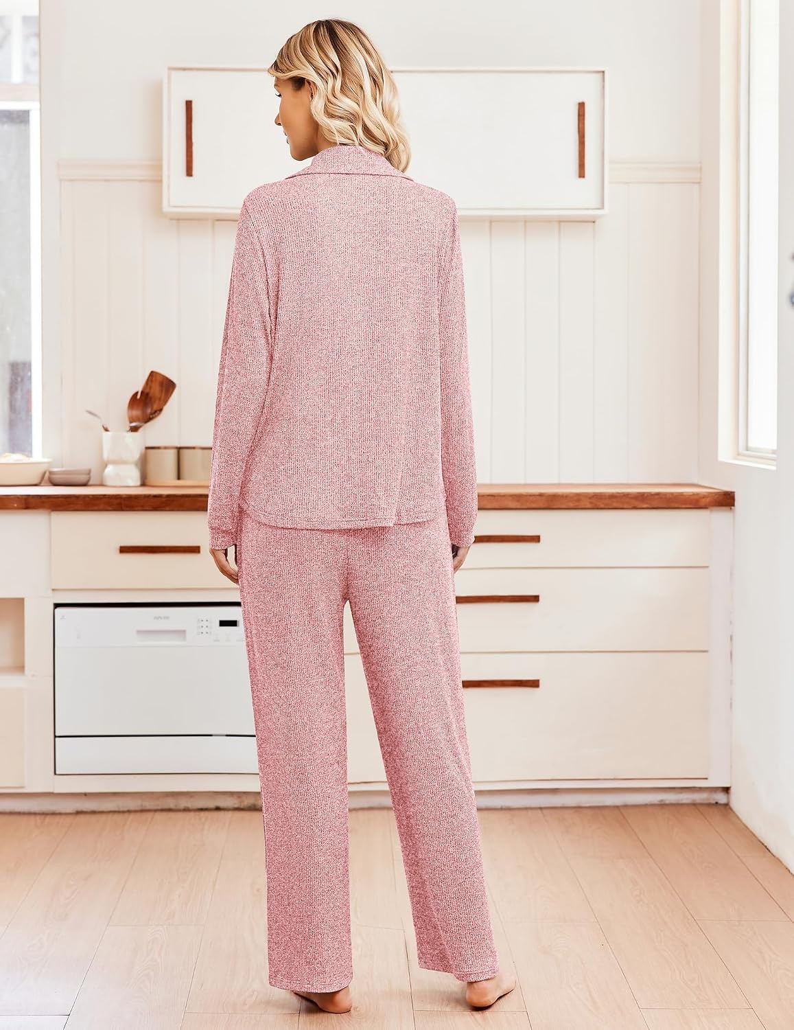 image:imageEkouaer Womens Pajama Sets Long Sleeve Button Down Soft Lounge Sets RibbedOrange Pink