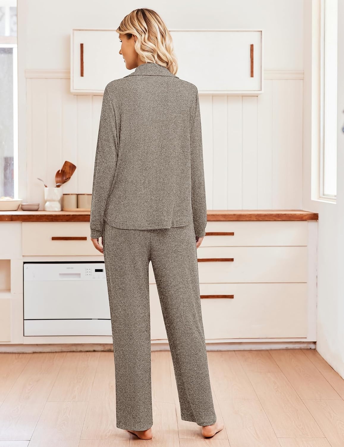 image:imageEkouaer Womens Pajama Sets Long Sleeve Button Down Soft Lounge Sets RibbedTea Grey